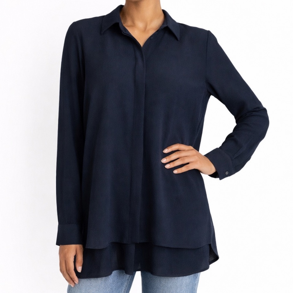 J.JILL NWT Navy Blue Layered Button Up Chiffon Shirt Top XS